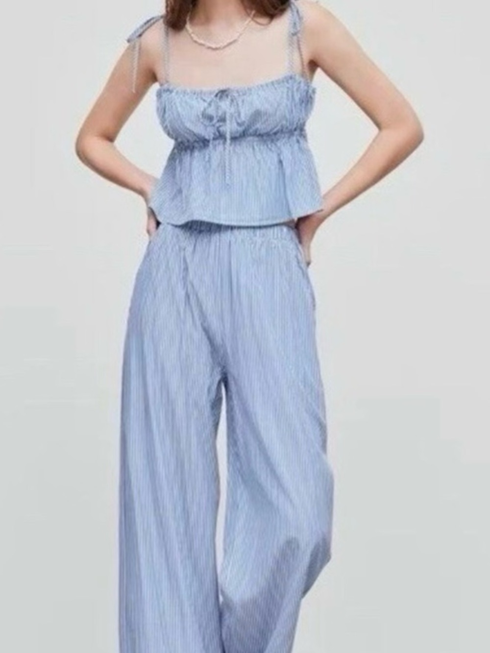 NWT Cider Blue and White Striped 2 Piece Outfit Set Top & Wide-Leg Pants - M